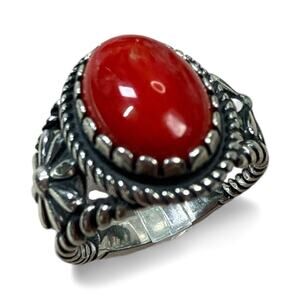 Sterling Silver Red Onyx Concha Flower Design Ring